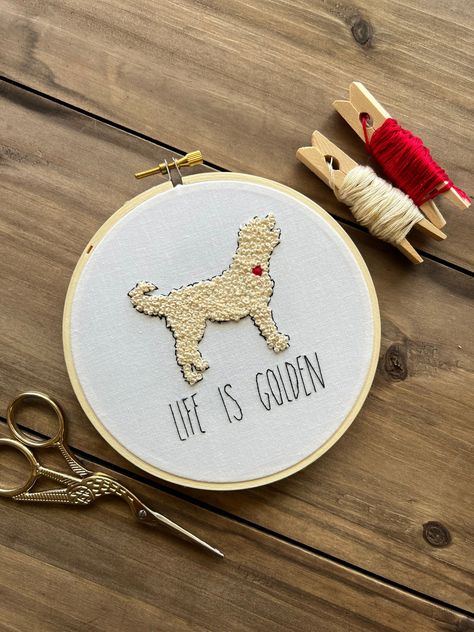 "Celebrate your sweet puppy with this hand embroidered hoop, featuring the message \"Life Is Golden. Puppy is stitched with a puffed red heart to symbolize the loving nature that this wonderful breed displays naturally Finished piece is ready to hang! I hope you enjoy it as much as I do (meet our Doodle named Scout, my sweet girl and inspiration for this piece) Hoop is 5 inches in diameter" Golden Doodle Embroidery, Doodle Embroidery, Life Is Golden, Embroidery Wall Hanging, Lovers Hands, Thread Catcher, Golden Embroidery, Dog Embroidery, Embroidered Hoop