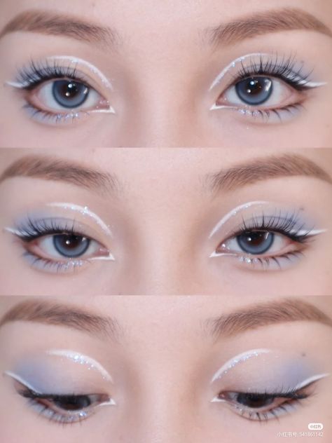 Eye Looks Without Eyeliner, Light Blue Douyin Makeup, Ganyu Makeup, Blue And White Eyeshadow Looks, Eye Makeup With White Eyeliner, Blue Makeup Looks Simple, Kokomi Makeup, Soft Blue Eye Makeup, Frozen Makeup Look