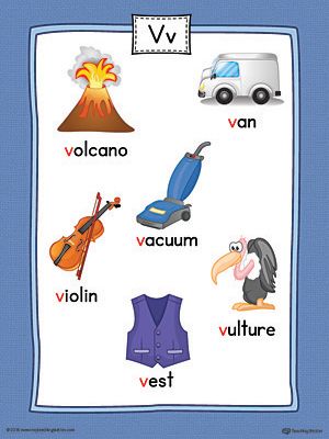 Letter V Word List with Illustrations Printable Poster (Color) Worksheet.Use the Letter V Word List with Illustrations Printable Poster to play letter sound activities or display on a classroom wall. V Words Preschool, Atoz Alphabet, V Words For Kids, Sound Activities, Beginning Letter Sounds, Color Worksheet, Letter Sound Activities, Letter Worksheets For Preschool, V Words