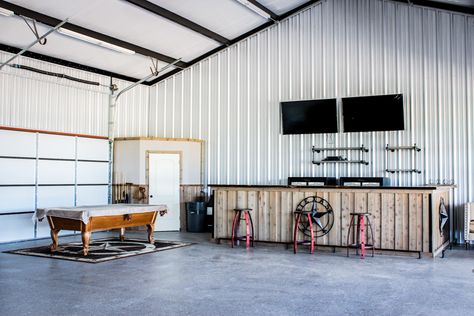 Pole Barn Garage Interior, Party Barn Interior, Shop With Living Quarters, Pole Barn Ideas, Barn Bar, Austin Stone, Pole Barn Garage, Garage Workshop Plans, Metal Building House Plans