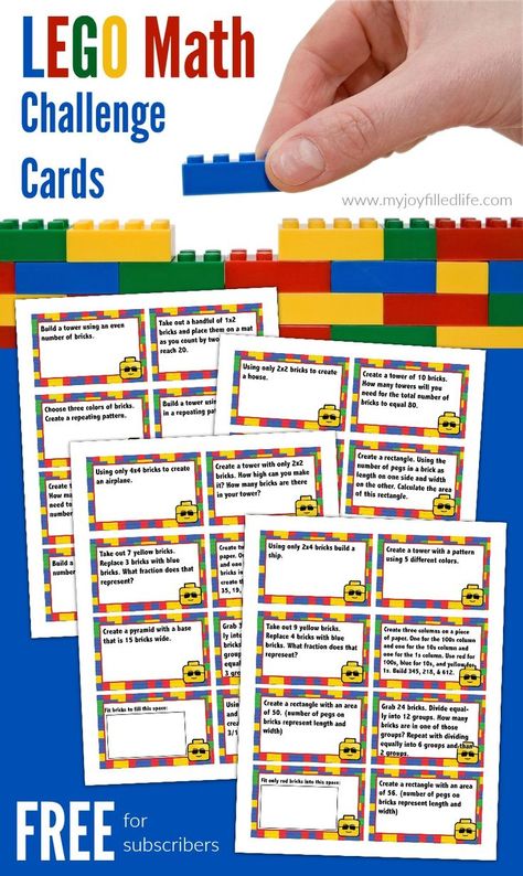 FREE Printable LEGO Math Challenge Cards Printables Organizational, Lego Stem, Lego Classroom, Lego Therapy, Printable Lego, Lego Learning, Lego Math, Lego Challenge, Lego Education