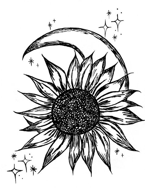 This is a moon and sunflower art print.  This is done in gouache paint and on watercolor paper.  This comes in a 4x6 print, a 5x7 print and 8.5x11 prints. I only keep a few things in my etsy shop now.  My full collection of art and antiques has been moved to my website. To see all of my collection you can find it here:  https://www.wildflowermoonmagic.com/ Eldritch Tattoo, Goat Ideas, Sunflower Moon, Rose Coloring, Pyrography Ideas, Sunflower Art Print, Beauty Spells, Witchy Art, Sunflower Tattoos