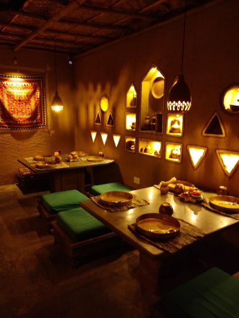 Interior design Small Indian Restaurant Design, Rajasthani Cafe Interior, Desi Cafe Design, Village Style Restaurant Interior, Desi Cafe Interior, Indian Aesthetic Restaurant, Indian Restraunt Interior, Desi Dhaba Design Ideas, Indian Style Restaurant Interior