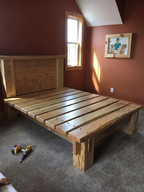 Homemade Bed Frame, Wallpaper Bedroom Aesthetic, Wood Bed Frame Diy, Carpet Ideas 2023, Homemade Beds, Rustic Bed Frame, Ranch Furniture, Paint End Tables Diy, Paint End Tables