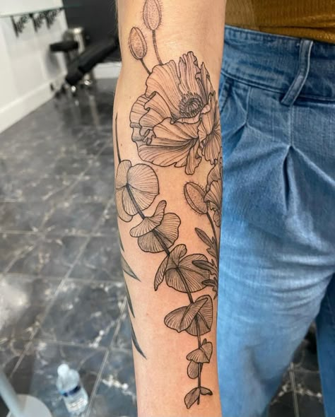 Women Floral Arm Tattoo, Floral Add On Tattoo, Minimal Floral Sleeve Tattoo, Poppy Linework Tattoo, Eucalyptus Tattoo Sleeve, Rose And Eucalyptus Tattoo, Floral Tattoo Linework, Arm Tattoos Floral, Delicate Tattoo Sleeve