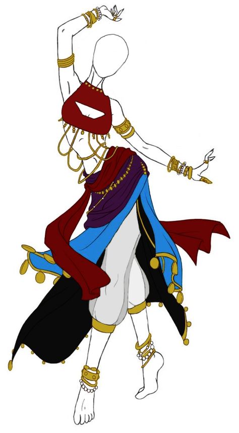 Genie Outfit Female Drawing, Snake Outfit Drawing, Dnd Dancer Outfit, Fantasy Dancer Outfit Art, Fantasy Clothes Drawing Reference Male, Harem Pants Drawing, Belly Dancer Pose Reference, Anime Clothes Female Casual, Goddess Clothing Drawing