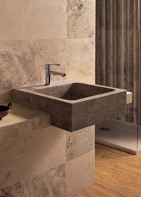 Stone Bathrooms, Square Bathtub, Natural Stone Bathroom, Modular Bathrooms, Semi Recessed Basin, Stone Blocks, Stone Bathroom, Basin Design, Shower Bases