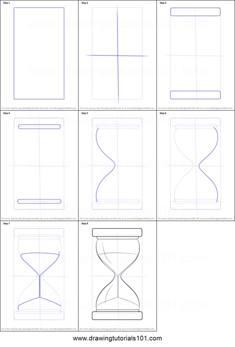 How to Draw an Hourglass printable step by step drawing sheet : DrawingTutorials101.com How To Draw A Clock Step By Step, Hourglass Sketch Drawings, Hourglass Design Drawing, Time Glass Drawing, Hour Glass Drawing Easy, Time Drawing Clock, Hour Glass Sketch, Clock Drawing Simple, Hourglass Sketch