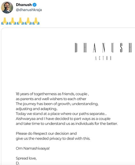 Parting ways with the person with whom you have spent years of your life is one of the toughest calls to make. The night of January 17, 2022, had come as a shocker for Dhanush and South sensation, Rajinikanth’s daughter, Aishwaryaa’s fans. The two had announced their separation, ending their 18 years of married life. Dhanush and Aishwaryaa had tied the knot in the year 2004 after their parents had arranged their wedding. They have two kids, Yatra Raja (15) and Linga Raja (10). Now, as Dhanush an Divorce Announcement, Actor Dhanush, Before Divorce, Marriage Issues, Proud Wife, Tamil Wedding, National Film Awards, Two Sons, First Relationship