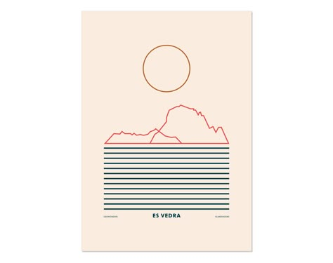 Minimal style graphic design Ibiza art print of a line drawing of Es Vedra rocks with lines for the sea. Ibiza Illustration, Sunday Tattoo, Ibiza Design, Ibiza Print, Ibiza Art, Minimal Art Print, Limestone Rock, Bermuda Triangle, Mail Sign