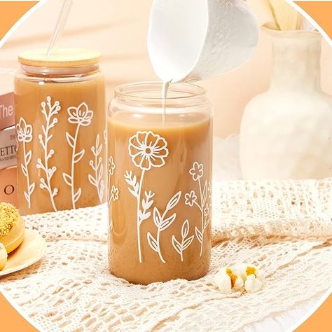 Mumufy Boho Floral Iced Aesthetic Coffee Glass Cup 16 oz Drinking Glass with Bamboo Lid and Straw Cute Tumblers for Women Boho Coffee Mug Clear Beverage Tumbler for Beer Juice Soda(4 Pack) Tumblers For Women, Cute Tumblers, Coffee Glass Cup, Iced Coffee Cup, Aesthetic Coffee, Glass Straws, Coffee Tumbler, Drinking Glass, Bubble Tea