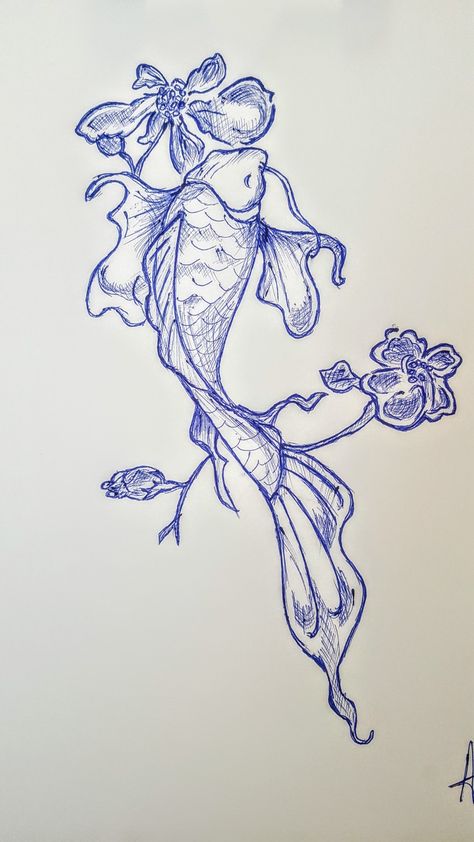 Koi Fish Drawing With Flowers, Koi Fish With Lily Pads Tattoo, Could Fish Drawing, Fish And Flower Drawing, Magical Fish Drawing, Butterfly Koi Fish Drawing, Coi Fish Sketches, Koi Fish Pen Drawing, Drawing Coy Fish