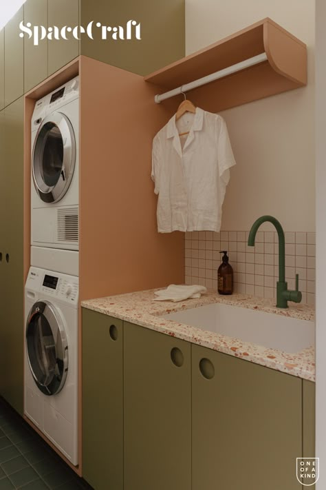 A kitchen and laundry design featuring terrazzo, tiles and tunes 🎵 Tile Cloud Laundry, Art Deco Laundry, Laundry Terrazzo, Midcentury Laundry Room Ideas, Tiny Laundry Room With Sink, Scandi Utility Room, Mcm Laundry Room, Colourful Laundry Room, Terrazzo Laundry