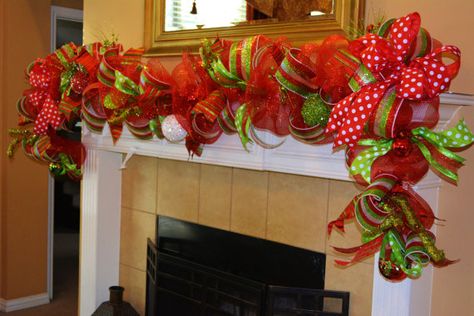 Lime Green Christmas Decor, Mesh Christmas Garland, Christmas Mantle Garland, Christmas Stairway, Christmas Garland Staircase, Lime Green Christmas, Garland Staircase, Fun Christmas Tree, Elf Christmas Decorations