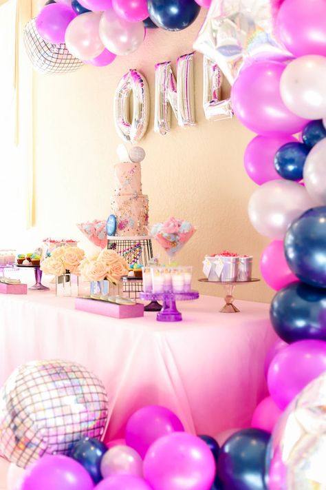 Disco Dessert Table from a Glam Disco Birthday Party Disco 1st Birthday Party, First Birthday Disco Theme, Lucy In The Sky With Diamonds Birthday Party, Disco Second Birthday, Disco First Birthday, One Year Old Disco Party, First Disco Birthday Party, Disco Dessert Table, Disco 10th Birthday Party