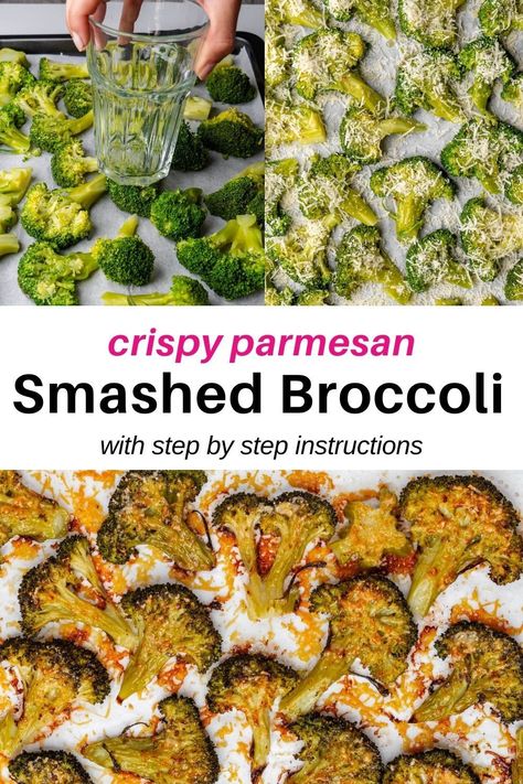 This Smashed Broccoli will be your new favorite way to eat broccoli. With a lemon, garlic, chili dressing and crispy parmesan - sooo delicious! Crispy Parmesan Broccoli, Broccoli And Parmesan Recipes, Broccoli Parmesan Baked, Smashed Parmesan Broccoli, Crispy Broccoli Baked, Smashed Broccoli Recipe, Smash Broccoli, Breaded Broccoli, November Dinners