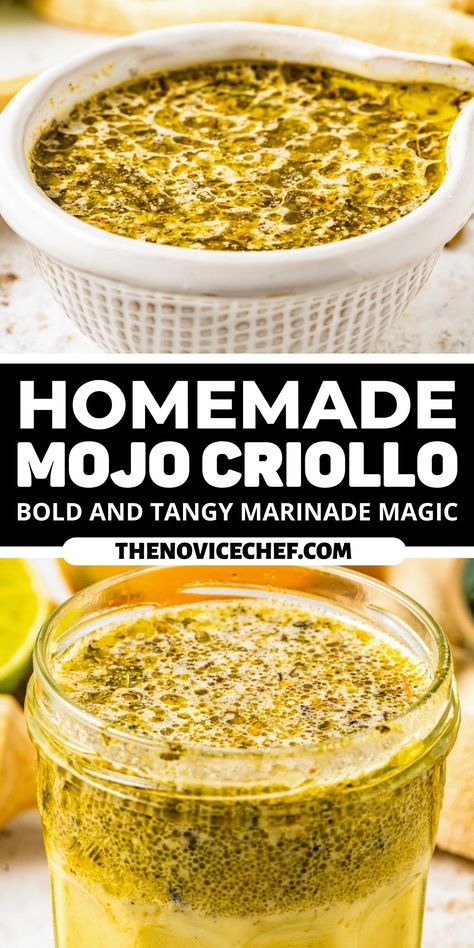 Authentic, homemade, Cuban Mojo Criollo is so easy to make, and so worth it! This bold and punchy marinade makes any meat more tender and flavorful. Use it on pork, beef, chicken, shrimp, and even veggies for that perfect Cuban flair! Mojo Criollo Recipe, Mojito Pork, Mojo Beef, Aip Dips, Cuban Mojo Marinade, Cuban Mojo Marinated Pork, Mexican Marinade, Mojo Criollo, Mojo Marinade