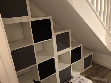 Kallax Under Stairs, Craft Basement, Nook Storage, Storage Nook, Stairway Storage, Kallax Storage, Under Stairs Nook, Room Under Stairs, Stair Nook