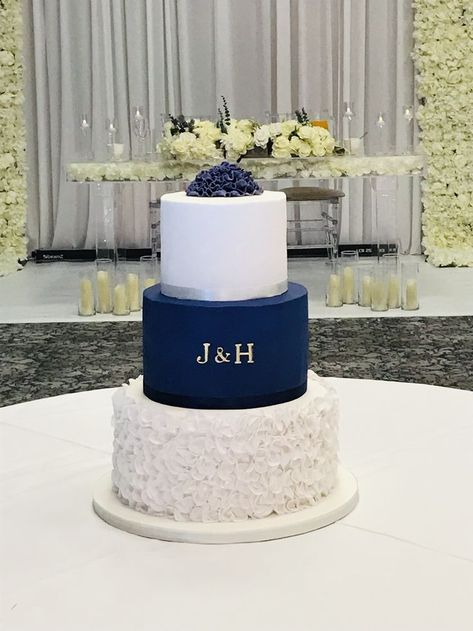 3 tier wedding cake with ruffle bottom tier and navy middle tier with a touch of gold in the monogram South African Wedding Dress, Jesus Wedding, Navy Blue Wedding Cakes, Midnight Blue Wedding, 3 Tier Wedding Cake, Navy Wedding Colors, Wedding Cake Navy, Wedding Color Schemes Spring, 3 Tier Wedding Cakes