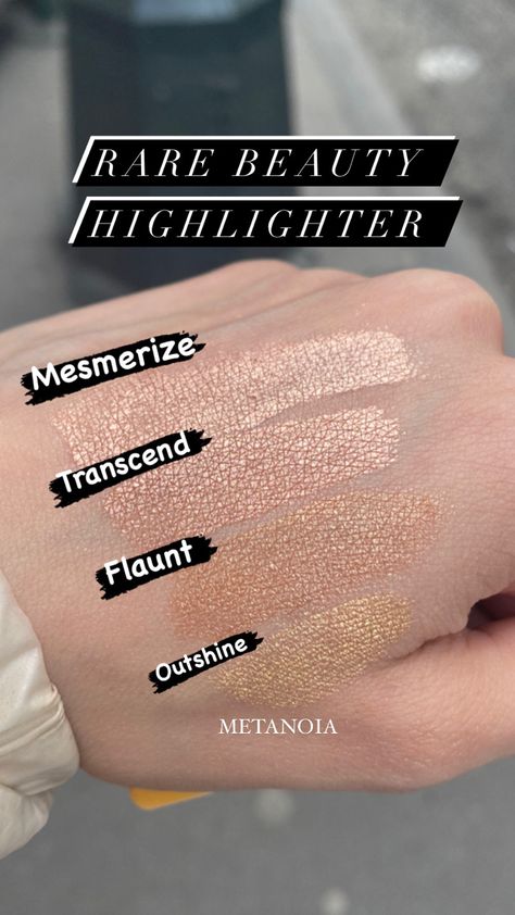 Rare Beauty Highlighter Outshine, Rare Beauty Highlighter Swatches, Rare Beauty Highlighter, Highlighter Swatches, Makeup Sephora, Liquid Highlighter, Makeup Swatches, Rare Beauty, Highlighter Makeup