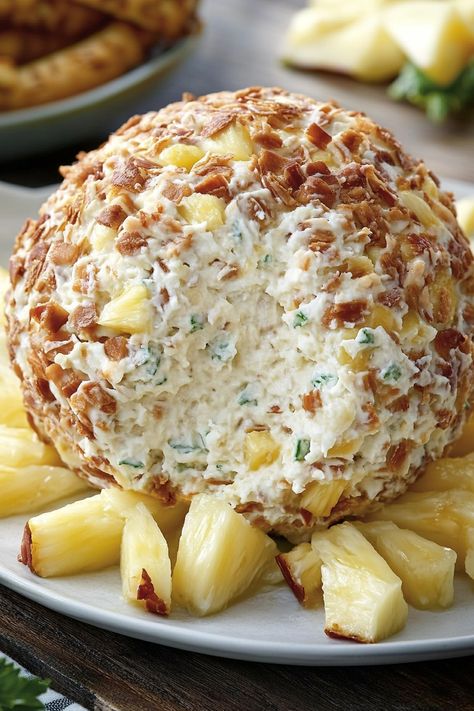 This delightful Pineapple Cheese Ball, made with green bell pepper, crushed pineapple, cream cheese, and pecans, is a sweet and salty treat that's always a welcomed appetizer. This Pineapple Cheese Ball is always a party favorite! Combining crushed pineapple with cream cheese, green pepper, shallot, and chopped pecans creates a unique and delightful blend of Cream Cheese And Pineapple Cheese Ball, Ham And Pineapple Cheeseball, Coconut Cream Cheese Balls, Candied Jalapeno Cheese Ball, Cheese Ball With Crushed Pineapple, Pineapple Ham Cheese Ball, Cheese All With Pineapple, Cheese Ball With Strawberry Preserves, Heavenly Pineapple Cheeseball