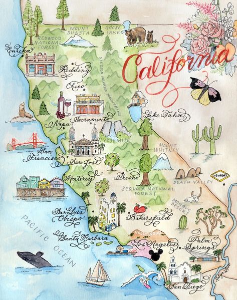 Hand-painted Watercolor California Map Luxury Print in 5 X 7 | Etsy California Map Aesthetic, California Map Illustration, Maps Aesthetic, A6 Notebook, California Map, United States Map, Luxury Printing, Topo Map, Mom Cards