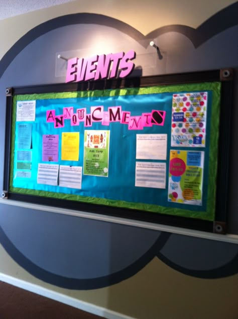 Kidmin Bulletin Board and Announcements School Announcement Board, Announcement Board Ideas School, School Announcement Bulletin Board Ideas, Event Bulletin Board Ideas, Announcement Bulletin Board Ideas, Church Announcement Board, Announcement Board Ideas, Announcement Bulletin Board, Events Bulletin Board