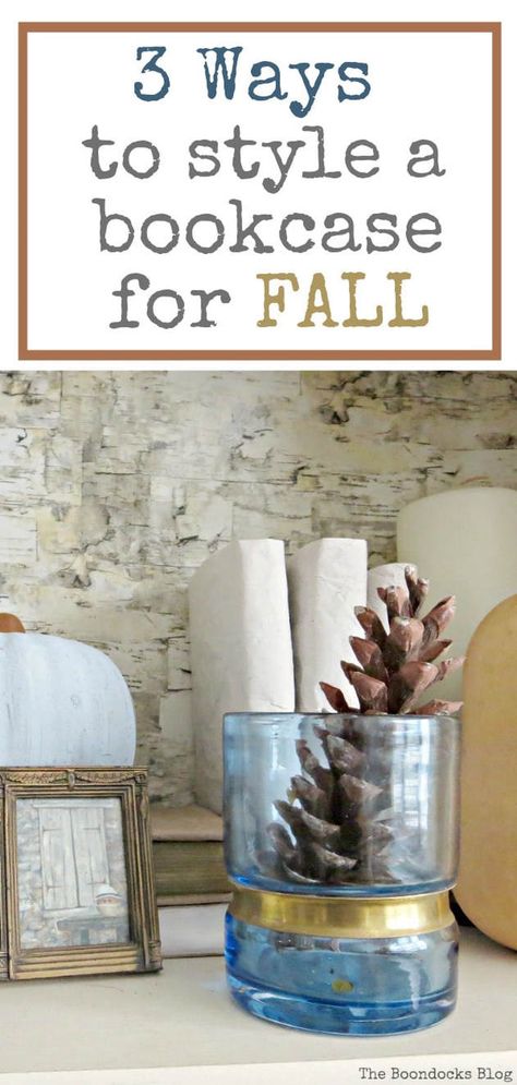 Style A Bookcase, Conservatory Home, Autumn Decor Ideas, Styling A Bookcase, Vignette Styling, The Boondocks, Fall Vignettes, Laundry Space, Bookcase Styling