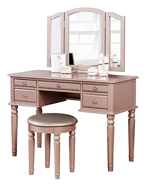 Amazon.com: Bobkona F4072 St. Croix Collection Vanity Set with Stool, Black: Kitchen & Dining Rose Gold Vanity, Bedroom Vanity Set, Gold Vanity, Foldable Mirror, Bedroom Makeup Vanity, Mirror Stool, Trifold Mirror, Gold Furniture, Glam Bedroom