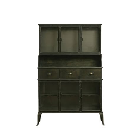 This cabinet features glass doors and a hutch with a sleek black finish and a geometric design that adds a touch of style and charm to any space. The cabinet offers ample storage space with two shelves and three drawers that can hold up to 26.4 pounds and 11 pounds respectively, and six glass doors that have magnets for closure. The cabinet also has an metal back for durability. Whether anyone need more storage space or want to add some flair to any space, this cabinet is the perfect choice. The Bar Cabinet Tall, Masculine Coffee Bar, Metal Glass Cabinet, Kitchen Glass Cabinet, Tea Hutch, Black Metal Cabinet, Bar Hutch, Decorative Storage Cabinets, Library Cabinet