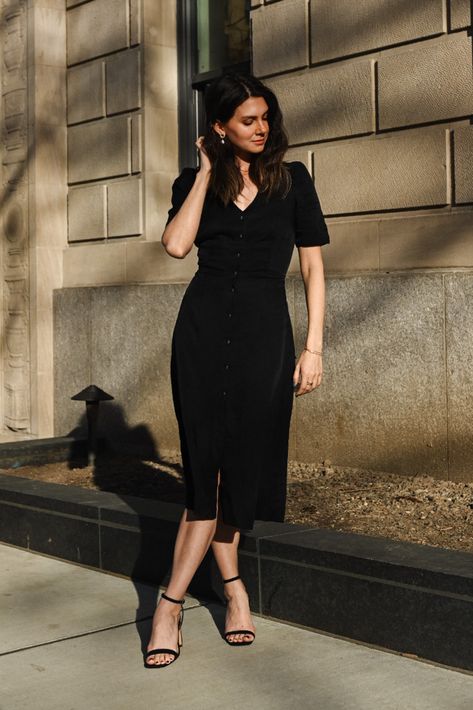 With pretty puff sleeves and a softly swirled silhouette, this twill midi dress is one of our most flattering silhouettes. V-neck. Short sleeves with shirred sleeve caps. Button front placket. Elasticized back waist. Lined body. Midi Button Down Dress, Puff Sleeve Midi Dress, Black Short Sleeve Dress, Black Dress Outfits, Long Frocks, Midi Short Sleeve Dress, Black Midi, Down Dress, Sleeve Midi Dress