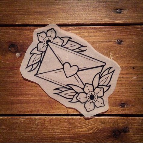 love letter tattoo - back of arm, maybe?                                                                                                                                                                                 More Love Letter Tattoo, Envelope Tattoo, Tattoo Sleeve Filler, Letter Tattoo, Tattoo Maker, Traditional Sleeve, Tattoo Traditional, Flash Tattoos, Asian Tattoos