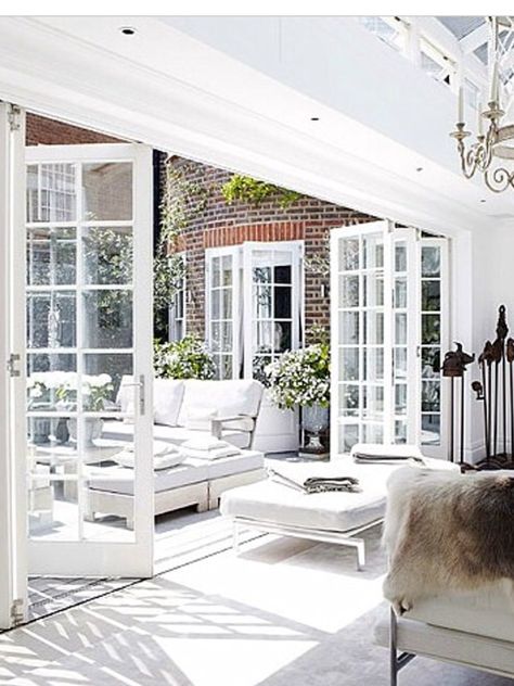 ❤️❤️❤️ Bifold Exterior Doors, White Bifold Doors, Bifold French Doors, Folding French Doors, White French Doors, Hamptons Style Homes, Three Birds Renovations, French Doors Exterior, House Extension Design