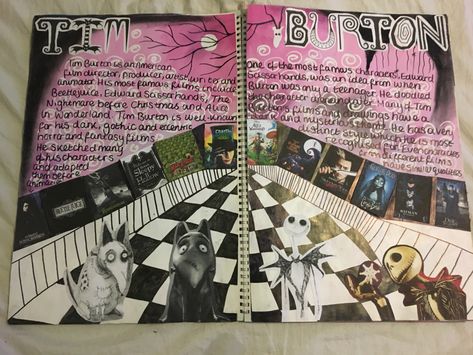 Tim Burton Gcse Art Page, Tim Burton Research Page, Tim Burton Artist Research Page, Art Gcse Final Piece, Art Mind Map Gcse, Tim Burton Sketches, Artist Research Page, Sketchbook Ideas Inspiration, Sketchbook Layout