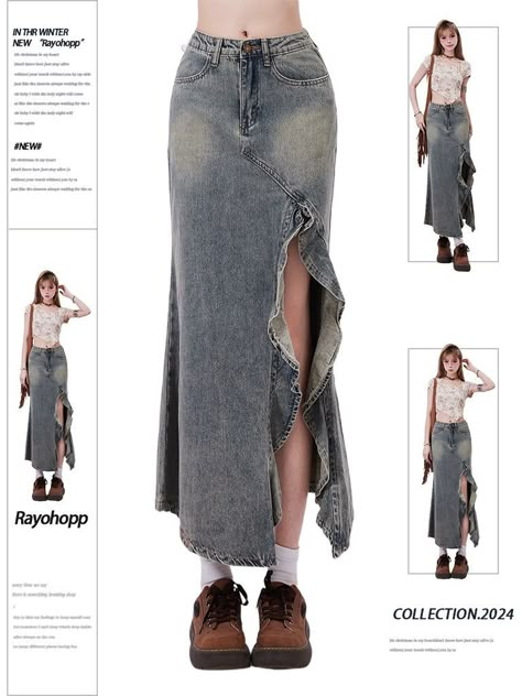 Different Skirt Lengths, Streetwear Long Skirt, Jeans Turned Into Skirt, Jean Skirt Maxi, Embroidered Jean Skirt, Denim Skirt Design, Mermaid Denim Skirt, Long Skirt Design Ideas, Skirt With Jeans Underneath