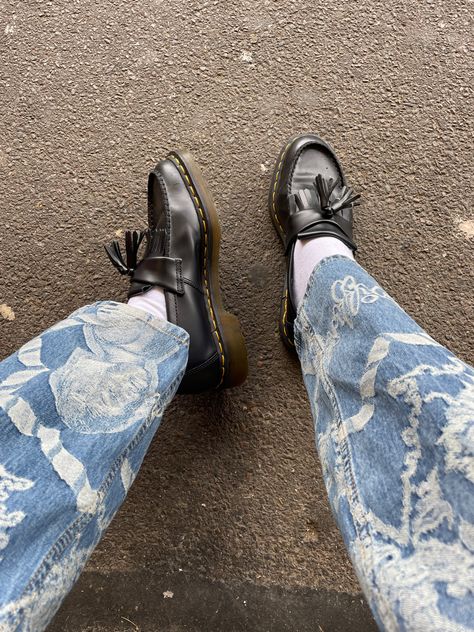 Printed denim, London street style, loafer styling Adrian Loafers Women, Dr Martens Adrian Loafers, Adrian Loafers, Loafers Women Outfit, Casual Outfits Fall, Autumn Winter Outfits, Dr Martens Adrian, Women's Coat Pattern, Style Loafers