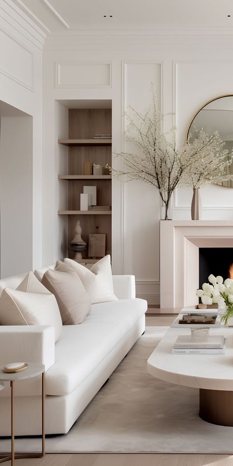 Taupe Interior Design Living Rooms, Contemporary Aesthetic Interior, Contemporary Beige Living Room, Classic Minimalist Style Interior, All White Home Decor, Cream Modern Living Room, White Lounge Ideas, White Cream Living Room, Modern Classic Interior Living Room