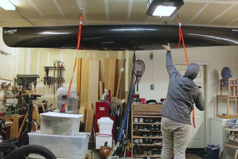 In this DIY tutorial, learn how to put together a nifty little kayak or canoe storage solution with just a few basic hardware store supplies. Diy Kayak Storage Rack, Kayak Rack Diy, Diy Kayak Storage, Kayak Storage Garage, Canoe Storage, Ceiling Diy, Garage Workshop Organization, Kayak Storage, Kayak Rack