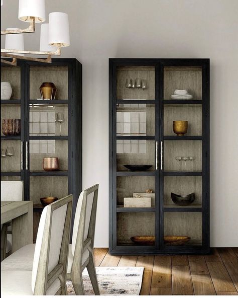 The Room at Coulter's on Instagram: “Coming soon! The Shou Sugi Ban Curio Cabinet! Gorgeous! @coultersfurniture @hookerfurniture” Glass Display Cabinet Ideas, Black Curio Cabinet, Dining Room Display Cabinet, Sugi Ban, Glass Cabinets Display, Shou Sugi Ban, Room Display, Curio Cabinet, Built In Cabinets