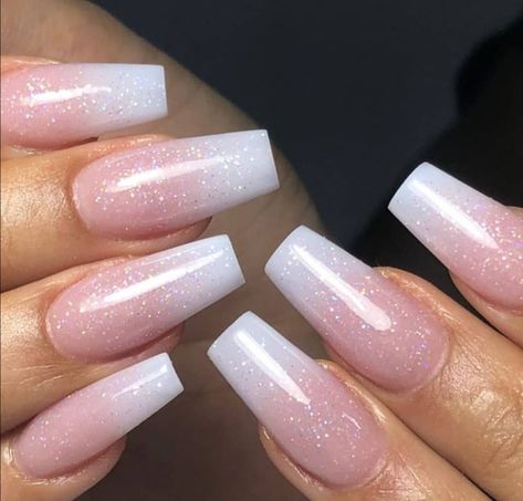 Baby Boomer With Glitter, Nokti Za Krizmu, Baby Boomer Nails Glitter, Clear Ombre Acrylic Nails, Glitter Baby Boomer Nails, Nails Inspiration Pink Glitter, Baby Pink Sparkle Nails, Baby Glitter Nails, Pretty Nude Nails