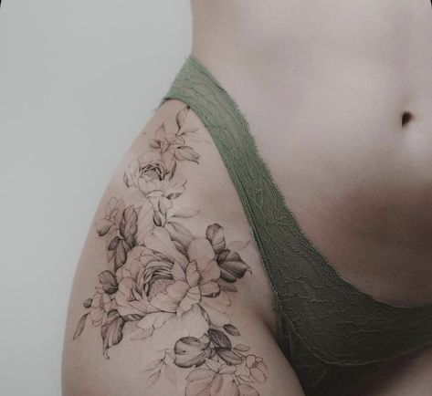 Elk Tattoo, Flower Hip Tattoos, Side Hip Tattoos, Floral Thigh Tattoos, Flower Thigh Tattoos, Waist Tattoos, Hip Thigh Tattoos, Hip Tattoos Women, Thigh Tattoos Women