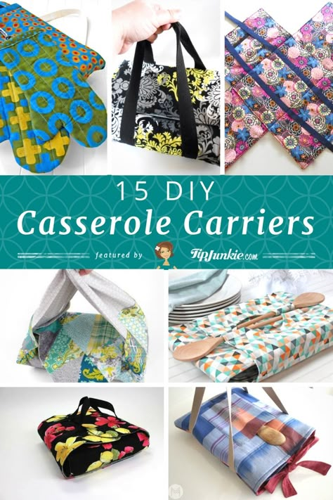 15 DIY Casserole Carriers via @tipjunkie Baking Dish Carrier Diy, Casserole Caddy Pattern, Casserole Carrier Pattern, Casserole Dish Carrier, Dish Carrier, Casserole Carriers, Insulated Casserole Carrier, Kitchen Sewing, Fabric Bookmarks