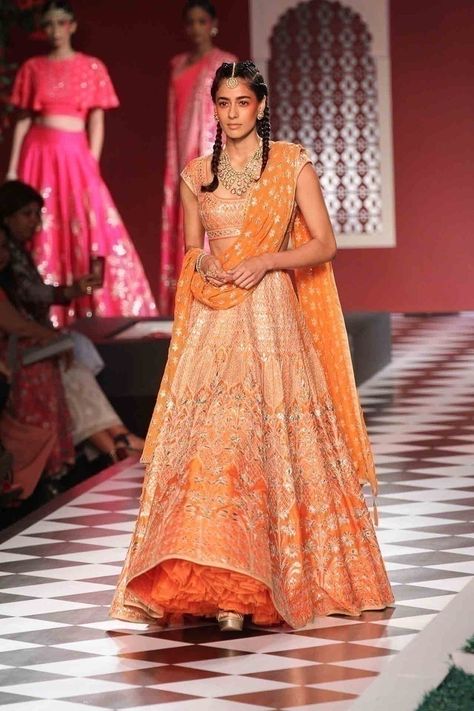 Fall In ‘Epic Love’ with Anita Dongre’s Indian Bridal Wear Collection Showcased at ICW, 2016 | Bridal Wear | Wedding Blog Orange Colour Lehenga, Unique Bridal Lehenga, Lehenga Outfit, Lehenga Inspiration, Orange Lehenga, Anita Dongre, Indian Bridal Lehenga, Couture Style, Indian Bridal Wear