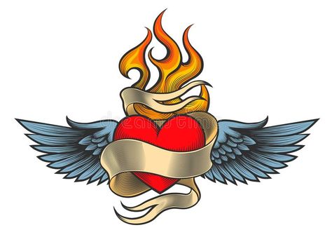 Tattoo With Heart, Traditional Heart Tattoos, Heart With Wings Tattoo, Sacred Heart Tattoos, Sailor Jerry Tattoos, Cross Tattoos For Women, Flaming Heart, Tattoo Heart, Retro Tattoos