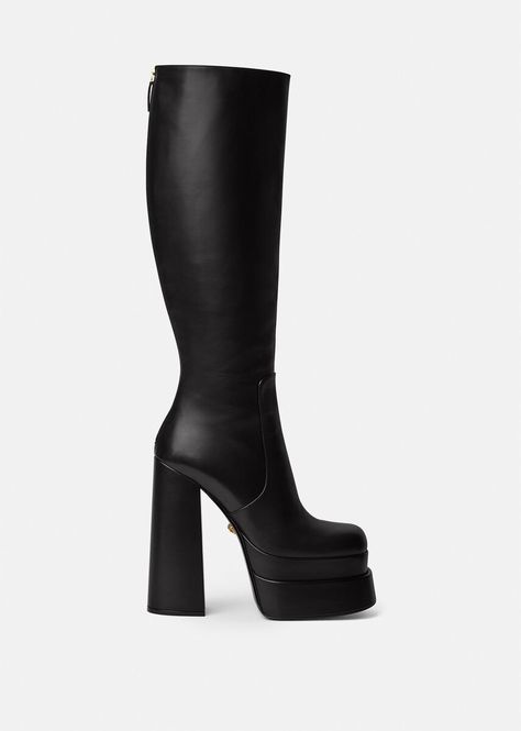 Versace Leather Platform Knee-high boots for Women | US Online Store Bratz Boots, Square Toed Boots, Versace Boots, Versace Leather, Knee High Platform Boots, Leather High Heel Boots, Luxury Clothes Men, Luxury Designer Shoes, Versace Shoes