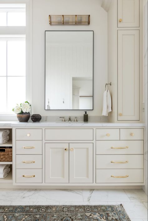 Bathroom Finish Details: Paint: Paint: Swiss Coffee at 75% strength by Benjamin Moore. Walls in Eggshell finish, trim in Satin finish, and ceiling in Satin finish. Floor, shower walls, and wainscoting tile: Standard white Contempo Tile in a Brickset Pattern. Cabinet color: Feather Down by Benjamin Moore Countertop: Calcutta Quartz Mcgee Bedroom, Studio Mcgee Bathroom, Mcgee Bathroom, Drømme Bad, Mcgee Home, Master Bath Remodel, Bedroom Studio, Furniture Office, Studio Mcgee