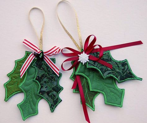 It’s the Holidays and you want to make something special to dress up your Christmas tree or a perhaps a package. Let’s pull out some holiday fabrics and make a few 3-dimensional Holly Leaf ornaments. The leaves themselves are made using free-motion zigzag on your machine and there is a little bit of handwork of embellishments for assembly. Today I am sharing a step by step tutorial on how I assemble these holiday gems. Holly Decorations, Holiday Tree Skirts, Holiday Sewing, Sewing Projects Free, Leaf Ornament, Easy Christmas Decorations, Leaf Template, Free Motion Embroidery, Holiday Fabric