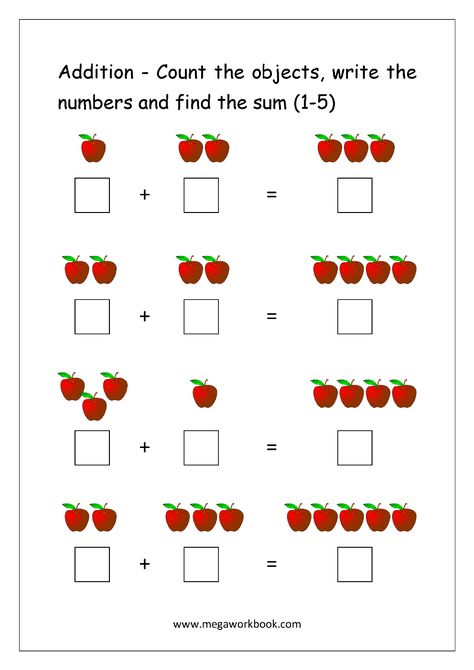 Addition Using Objects (http://www.megaworkbook.com/maths/addition) Addition For Beginners, Beginner Addition Worksheet, Addition Pictures Worksheet, Basic Addition Worksheets Kindergarten, Math Activities Grade 1, Addition For Grade 1, Apple Addition, Addition With Pictures, Maths For Beginners