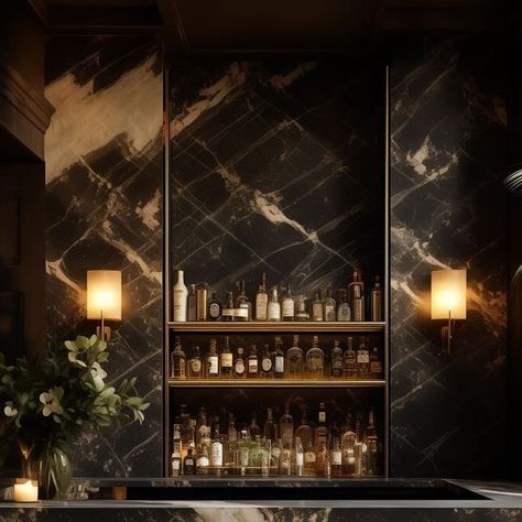 Dan OKelly Studio | Amsterdam on Instagram: "Dark Elegance: Sip in Style at Your Chic Home Bar. Design by #danokellystudio Stepping into this home bar is like entering a private speakeasy where luxury and intimacy swirl together like the finest aged whiskey. Embrace the allure of a bygone era reimagined with a contemporary twist in this home bar, where the richness of dark marble meets the soft glow of ambient lighting. Slide into one of these plush stools and let’s toast to timeless elegance. Drop me a message, and let's stir up a space that's shaken with style. info@danokellystudio.com “Mix, mingle, and make it your own – because the best bars are where you feel like you belong.” - Dan O’Kelly #homebar #homebardesign #interiordesign #aiinteriordesign #aiartist #marble #darkmarb Moody Bar Design, Bar Lounge Design, Ski Bar, Bar Nook, Aged Whiskey, Dark Marble, Home Bar Design, Marble Bar, Dark Elegance