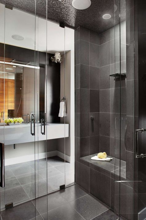 monochromatic-walk-in-shower-05672a9d Bold Bathrooms, Two Person Shower, Villa Bathroom, Shower Combo, Shower Rooms, Small Bathroom With Shower, Walk In Shower Designs, Shower Controls, Double Shower